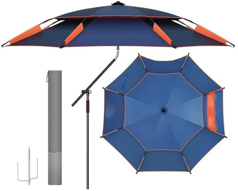Parasol de Plage 200 cm/220 cm/240 cm/260 cm avec Sac de Transport, Grand Parasol de Pêche, Parasol Inclinable Portable avec Protection UV 50+, Coupe-Vent, pour Camping, Café(220cm/7ft)