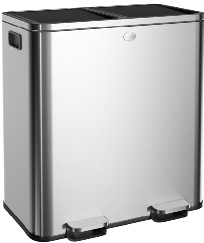 HÜSQ Poubelle 60 litres (2 x 30), grande poubelle à pédale pour la séparation des déchets, 2 compartiments et seaux intérieurs, poubelle à fermeture douce, poubelle hermétique - Duo Poubelle en acier