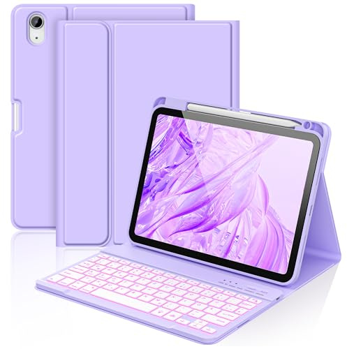 aMZCaSE für iPad A16 10/11th Generation Case mit Tastatur 11/10.9 Zoll(2025/2022),7 Farben Hintergrundbeleuchtung Abnehmbare Drahtlose Tastatur Cove mit Stifthalter für New iPad 11th Gen (Hellviolett)