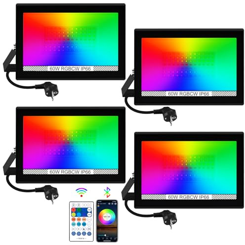 Foco LED Exterior RGB, T-SUNUS 60W Luces LED Colores con Control por App Bluetooth y Mando a Distancia, IP66 Impermeable Memoria Temporización para Terraza Fiesta Halloween Navidad 4 Piezas