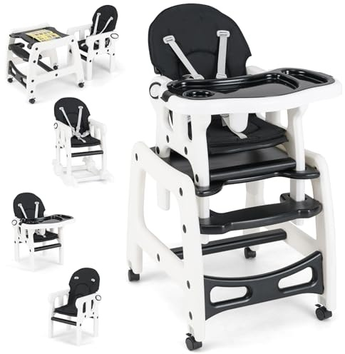 LIFEZEAL 5 in 1 Babyhochstuhl, Mobiler Babystuhl mit Schaukelfunktion, Kinderhochstuhl mit Abnehmbarem Doppeltablett & Fußstütze, Kombihochstuhl mit Sicherheitsgurt, ab 6 Monate (Schwarz)