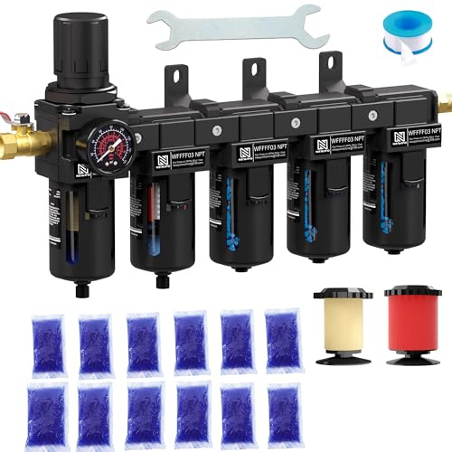 NEWPO 3/8 NPT 5 Stage Air Dryer for Compressor,Air Pressure Regulator with 5＆0.01 Micron Filter Cartridge,Triple Desiccant Dryer & Air Drying System,Semi-Auto Drain (Black)