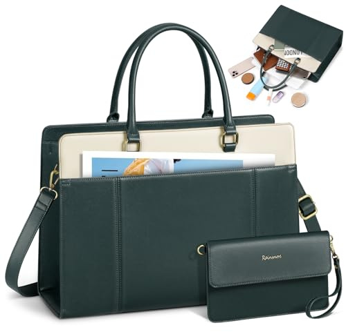 RAINSMORE Laptop Bags for Women 15.6 Inch Ladies Work Bag with Clutch Large Laptop Tote Bags with Compartments PU Leather Handbag for Business Office School Green