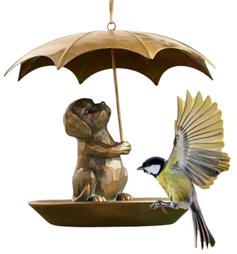 Vogelfutterautomat Mit Regenschirm | Hübsches Metall Eichhörnchen Hält Vogelfutterstelle - Futterstation Für Kolibris Deko Für Garten Und Balkon
