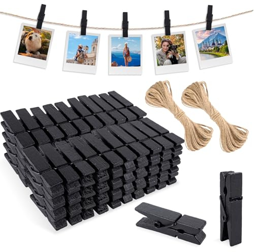 joycraft Mini pinzas de madera con cuerda, 100 clips negros para manualidades, soporte de fotos de 1.4 pulgadas, para manualidades, decoración de bodas, proyectos de aula, pared de fotos