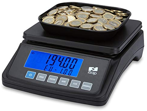 ZZap MS10 Bilancia contamonete - Conta 5 valute e altri articoli, conta 3 kg di monete, display retroilluminato, alimentato a batteria e molto altro!