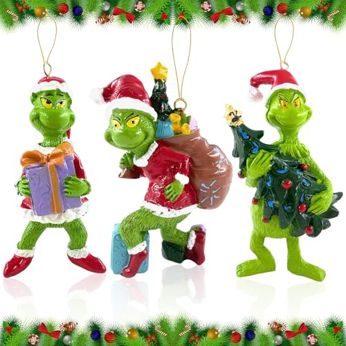 TOPJOWGA 3D Weihnachtsbaumschmuck Grinch Figur Anhänger, 3 Stück Elfen Weihnachtsbaum Deko Hängende Ornament, Weihnachtsbaum Deko, Ornament Christbaumschmuck zum Anhängen