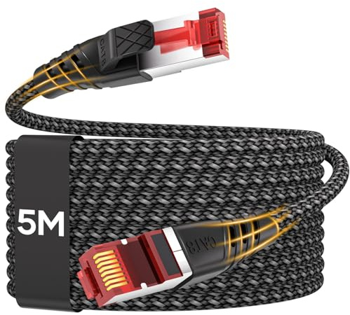 Nersligek Cable Ethernet Cat8 5Metros, Trenzado Cable de Red LAN Gigabit Plano de Alta Velocidad RJ45, Cable de Conexión de Internet 40Gbps 2000Mhz para Módem/Router/Ordenador Portátil/PC/Switch