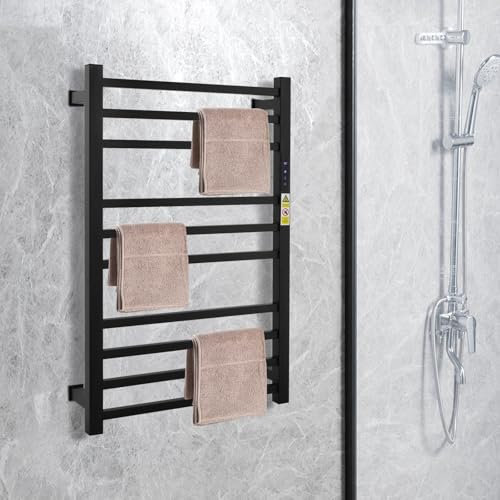 Esyogen Scaldasalviette elettrico da 120 W, 50 x 78 cm, per bagno – Touch in – Scaldasalviette con timer – Scaldasalviette da parete con 10 barre riscaldanti, 45 – 70 °C, nero