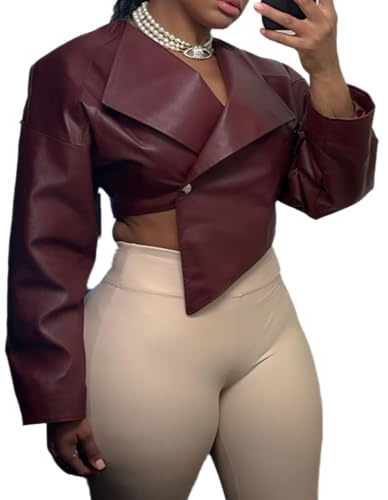 RISCUYY Burgundy Jacket Women Faux Leather Iregular Hem Crop Coat Trendy Long Sleeve Bomber Cropped Leather Jacket Women
