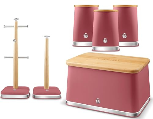 Swan Nordic Fuchsia Rose Bread Bin, Canisters, Mug Tree & Towel Pole. Scandinavian Inspired Minimalist Design Kitchen Storage Set. Matt Fuchsia Finish, Stainless Steel Accents and Acacia Wood
