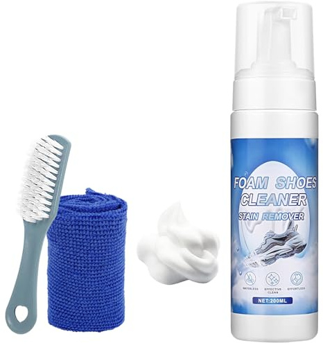 Kit de Nettoyage Chaussures, 200ml Mousse Nettoyante Baskets avec Brosse et Serviette, Élimine Taches et Saletés Sans Rinçage, Convient aux Chaussures Blanches, Cuir, Daim, Bottes, Toile et Tissus