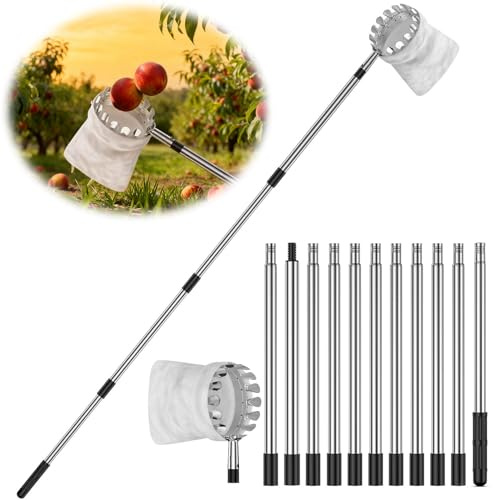 4.2M Apple Picker, Fruit Picker with Telescopic Handle, Fruit Harvester with Stainless Steel Connecting Pole and Fabric Bag, Tree Picker for Orange Lemon Etc (13.8 FT)
