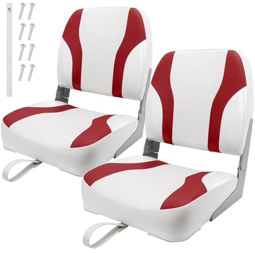Low Back Boat Seat, Folding Boat Seats 2 pack, Folding Boat Seats red/white, Folding Seats for Boat, High Density Foam Padding, Screw Included (White/Red)
