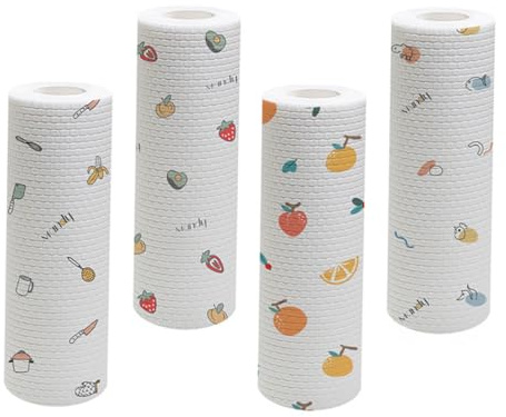 Cabilock Paños de Limpieza Desechables para Cocina, 4 Rollos Multipropósito de Pulpa de Madera y Poliéster, Antiadherentes para Uso en Seco y Húmedo, Ideales para Limpiar Varios estilos