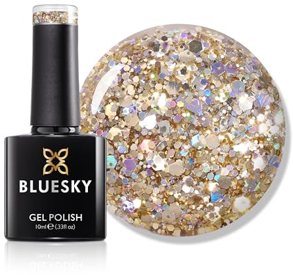 Bluesky Gel Nail Polish 10ml, Jingle Belle - Sparkle 01, Gold Glitter | Dense warm shimmer that outshines the tree lights at Christmas. Chip resistant and high gloss for up to 21 days of wear.