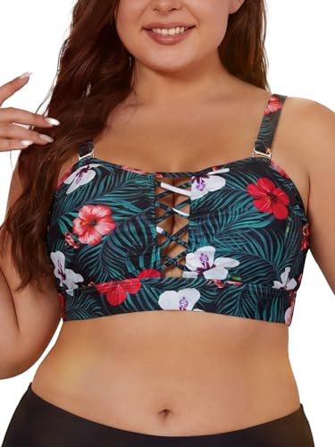 SHEKINI Womens Plus Size Bandeau Bikini Top Only | Removable Pads, Adjustable Straps, Front Lace-up, Push Up, Full Coverage, for Large Bust, Mutiway Bikini Top