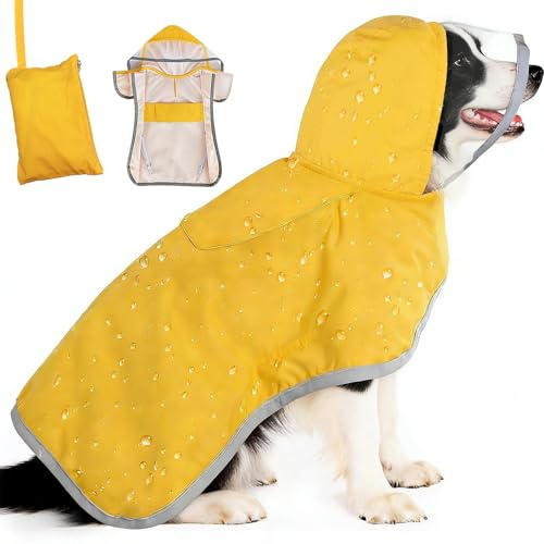 Hunderegenmantel Wasserdicht Winddicht, Verstellbare Regenjacke mit Kapuze & Weichem Futter für Kleine bis Große Hunde (Gelb, XL)