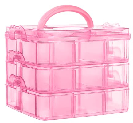 CYZBL 3-Tier Craft Storage Box, 18-Compartment Adjustable Organizer, Red | Detachable Dividers Create Custom Sections; Transparent Design for Quick Viewing, with Carry Handle and Stackable Tiers.