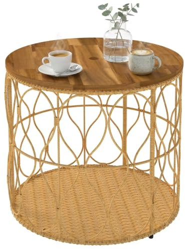 Outsunny Beistelltisch Ø50 cm Wetterfest Akazienholz Gartentisch Teak | Mit Rattanoptik, Akazienholzplatte, Verstellbaren Füßen, Runder Balkontisch, 80 kg Belastbar, Bistrotisch, Outdoor