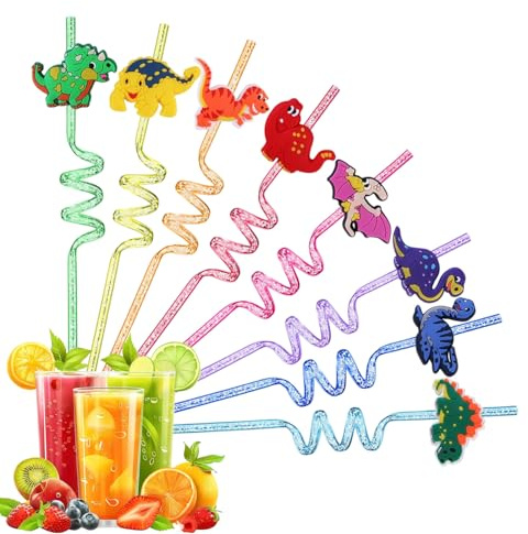 OPVYAEU 8 Cannucce Riutilizzabili per Bambini, Cannucce in Plastica a Spirale con Dinosauri e Glitter, Cannucce Colorate per Feste di Compleanno, Cocktail e Succhi, 25cm