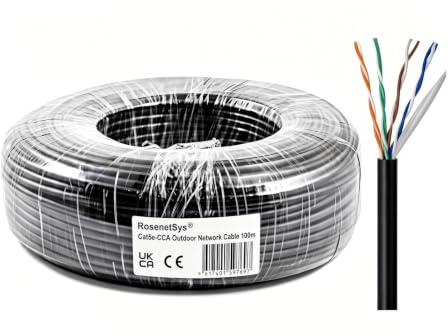 RosenetSys 100m 'Tough' Outdoor Cat5e Unshielded (UTP) CCA Ethernet Network Cable, External Film Lined, Solid, Black, Cat 5e 328 ft