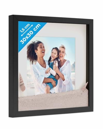 PHOTOLINI 3D Bilderrahmen zum Befüllen 30x30 Schwarz groß, 1,5 cm tiefer Objektrahmen mit Glas, tiefer Bilderrahmen 30x30 Holz MDF mit Passepartout, Dicker 3D Rahmen befüllbar für Gegenstände