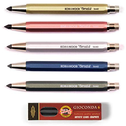 KOH-I-NOOR 5640 - Metalldruckbleistiftautomatic mit Minenspitzer - 6er SET, Minenstärke 5.6 mm - BLAU und GRÜN und ROSA und GOLD und SILBER und 6er Pack GRAPHITMINEN 2B