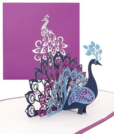 3D Pop Up Karte „Pfau – Pfauenfedern“ - edle Geburtstagskarte, Pfauen Hochzeitskarte und Einladung in Violett – Glückwunschkarte & Einladungskarte zu Hochzeit & Geburtstag mit Umschlag