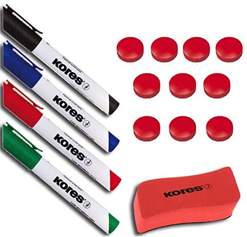 Kores WhiteboardMarker Starter Set, 4 Marker Rundspitze + Tafellöscher M20864 (Marker Whiteboard Set + Magnete, Rot (Magnete))