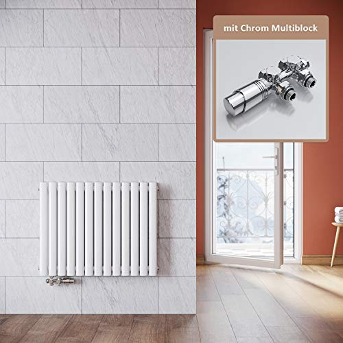 ELEGANT Heizkörper Modern Weiß 600x767mm mit Chrom Multiblock Thermostat Design Heizkörper Horizontal Doppellagig Röhrenheizkörper Mittelanschluss
