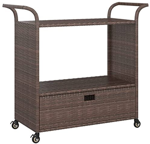 vidaXL Barwagen mit Schublade 4 Rollen Servierwagen Teewagen Küchenwagen Beistellwagen Arbeitswagen Gartenwagen Braun 100x45x97cm Poly Rattan