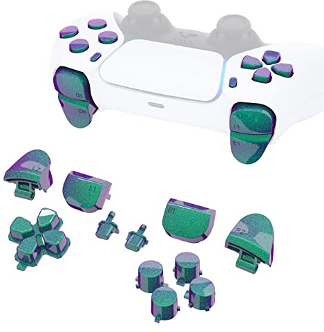 eXtremeRate Glossy Knöpfe für ps5 Controller BDM010/020 Model-Grün Lila | DIY-Ersatz Tasten Set, D-Pad, Aktiontasten, L1 R1 L2 R2 Trigger Bumper, Share/Options Button, Zubehör für ps5 Gamepad