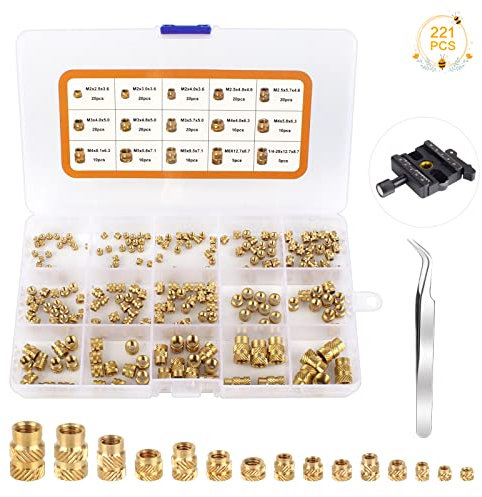 Ruicaifu 221 Pezzi Dadi con Inserti Rotondi in Ottone Boccole M2 M2.5 M3 M4 M5 M6 Dadi Zigrinati con Filettatura Femmina Rivetti Filettati per Assemblaggio PCB, Prodotti Elettronici