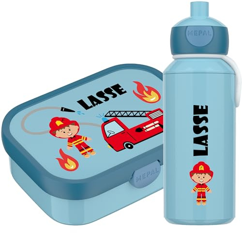 4youDesign | Blaue Brotdose mit Fächern & Trinkflasche -Feuerwehr- personalisiert mit Namen I Campus mit Bento-Box & Gabel Jungen & Mädchen (Cool Blue)