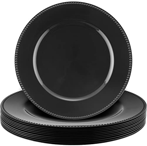 Gerrii 12 Pcs Metallic Bead Charger Plates 13 Inch Plastic Round Plates Bulk Wedding Beaded Chargers for Table Party Event Decoration(Black)