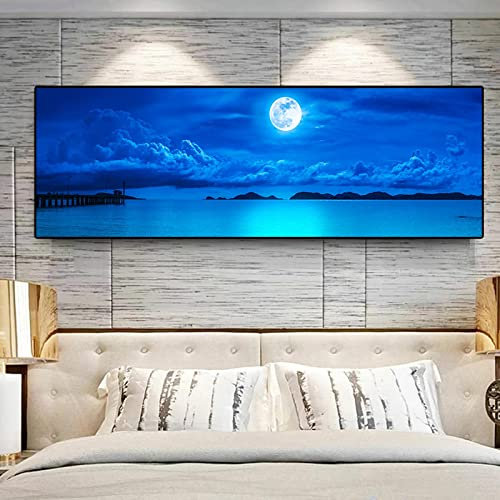 Große schwarz gerahmte Meereslandschaft Panorama blauer Himmel Wolke Leinwand Gemälde Landschaft Poster Drucke Wandkunst Bilder Wohnzimmer 40 x 100 cm/16 x 39 Zoll mit schwarzem Rahmen