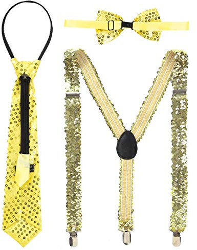 Freebily Damen Herren Pailletten Hosenträger Glitzer Fliegen Krawatte Set mit 3-Clips Y-Form Verstellbar Karneval Show Kostüm Mottoparty Zubehör Gold Einheitsgröße