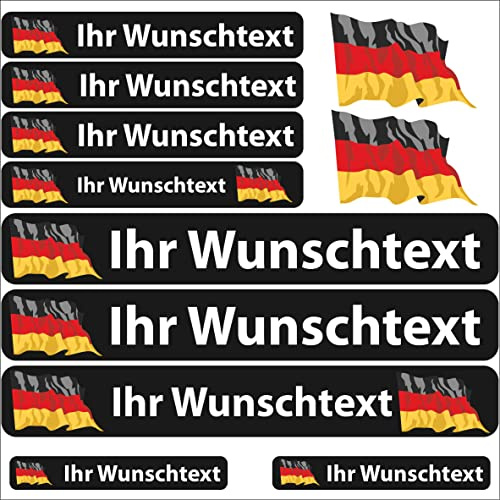 INDIGOS UG - Aufkleber Deutschland - 13 Flaggenaufkleber - Fahne wehend Sticker selbst gestalten mit Namen & Wunschtext personalisiert- Fahrrad - Autoaufkleber - Motorrad - Rennfahrer