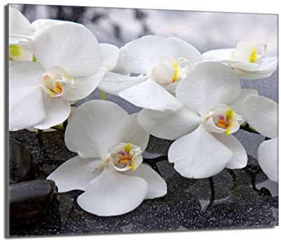 Herdabdeckplatte 60x52 Einteilig Glas für Elektroherd und Induktion Herdschutz Spritzschutz Glasplatte Deko Schneidebrett, Orchidee Weiß