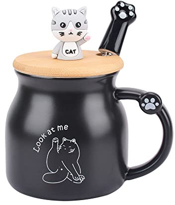 XinHuiGY Keramik Katze Becher mit Deckel und Löffel,Kawaii Teetassen, Lustige Tierbecher,Kaffeetasse für Frauen,Neuheitstasse Weihnachts und Geburtstagsgeschenk für Frauen und Mädchen