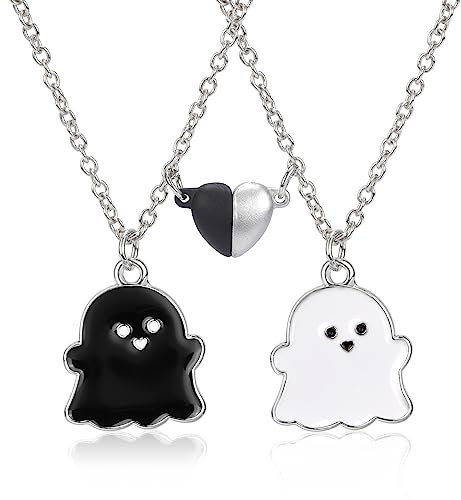 Hifot 2 Stück Halskette Damen Silber Freundschaftskette, Bff Ketten für 2 Mädchen, Schwarz Weiss Geist Kette Herz Anhänger, Halskette Lang für Frauen Freundin Geschenk Personalisierter Schmuck