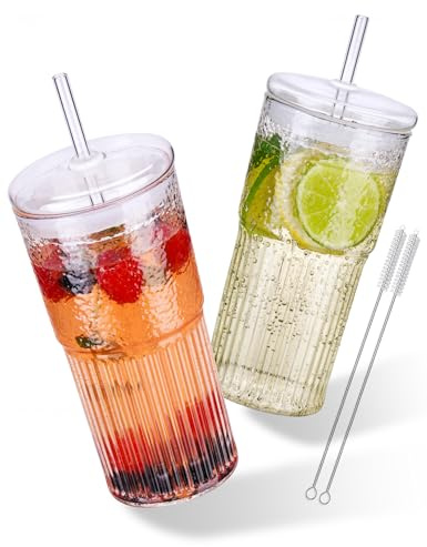 NiHome Lot de 2 gobelets en verre borosilicate transparent avec couvercle et paille, 650 ml, pour café glacé, smoothie, thé avec pailles, réutilisables
