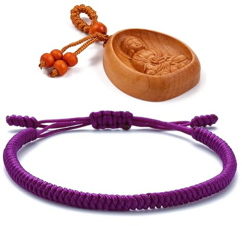 LUCKY BUDDHIST Pulsera Budista Tibetana Ajustable – Pulsera de Cuerda Trenzada para Hombre y Mujer – Incluye Llavero Buda de Madera