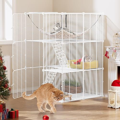 YITAHOME Katzenkäfig für den Innenbereich, 3-stöckig Katzengehege, DIY-Katzenlaufstall mit dichtem Metalldraht, Katzenhütte mit extra großer Hängematte für 1–2 Katzen, Chinchilla, 72x72x107cm, Weiß