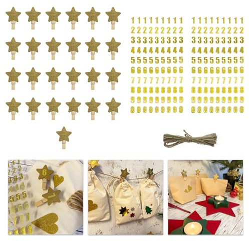 Oblique Unique® DIY Adventskalender Set mit 25 Stern Klammern und Zahlen Sticker Aufkleber für Weihnachten Advent Deko DIY Kalender Basteln (Goldene Sterne + Zahlenaufkleber)