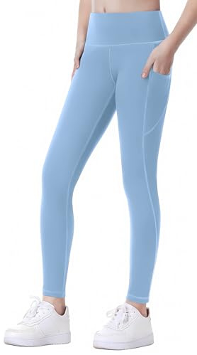 SEAUR Sportleggings för flickor, långa yogabyxor med 2 fickor, enfärgade, snäva joggingbyxor, löparbyxor, sportbyxor träningsbyxor 110–152, blå, 134-140