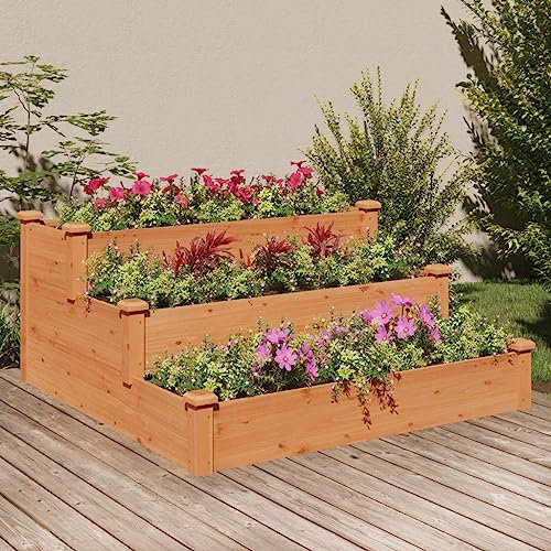 Mengtu Jardinera de 3 niveles, jardinera, macetero, macetero, macetero, macetero, macetero, escalera, escalera, escalera, para plantas, para marrón, 120 x 120 x 56 cm, madera maciza de abeto