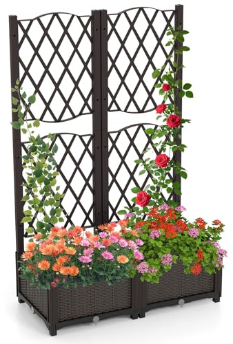 GOPLUS Blumenkasten mit Rankgitter, Hochbeet mit Spalier für Kletterpflanzen & Topfpflanzen, Tiefes Pflanzbeet mit Drainagelöchern für Balkon, Hinterhof & Garten (Braun, 80 x 40 x 122 cm)