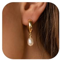 Pearl Earrings for Women 14K Gold Freshwater Pearl Huggie Hoop Earring Dangle Drop Wedding Earrings Bridal Bridesmaid Jewelry Gifts for Women(Gold Pearl Drop Hoops)